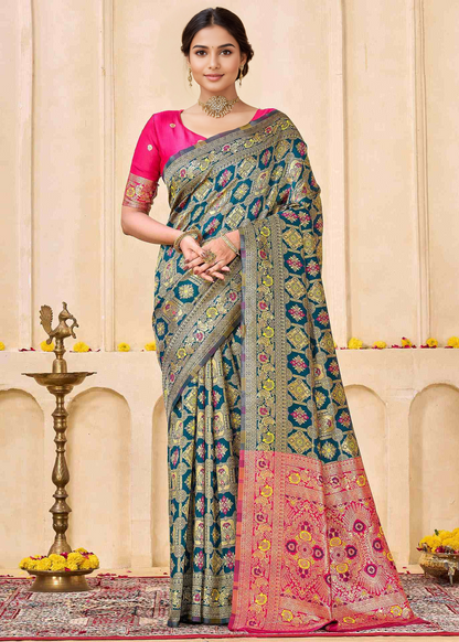 Graceful Morpich Blue Banarasi Silk Saree with Rani Pink Zari Pallu