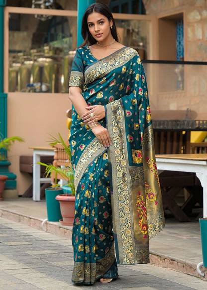 Regal Peacock Green Banarasi Silk Saree with Antique Gold Zari Work