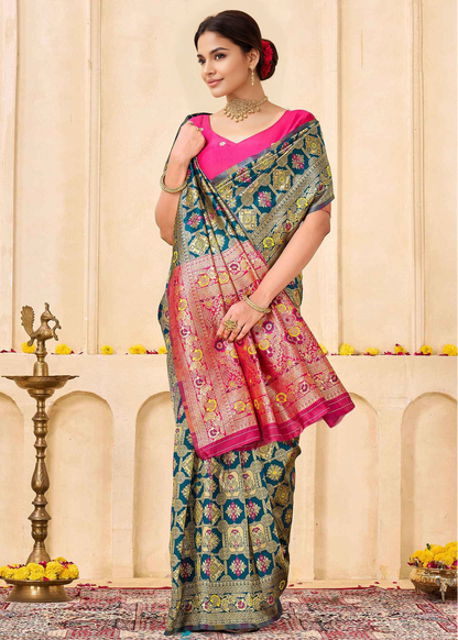 Graceful Morpich Blue Banarasi Silk Saree with Rani Pink Zari Pallu