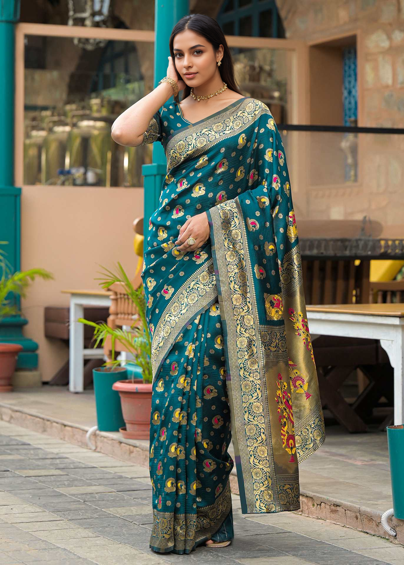 Regal Peacock Green Banarasi Silk Saree with Antique Gold Zari Work