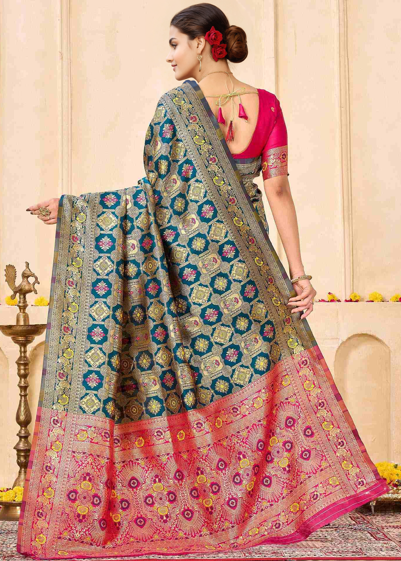 Graceful Morpich Blue Banarasi Silk Saree with Rani Pink Zari Pallu
