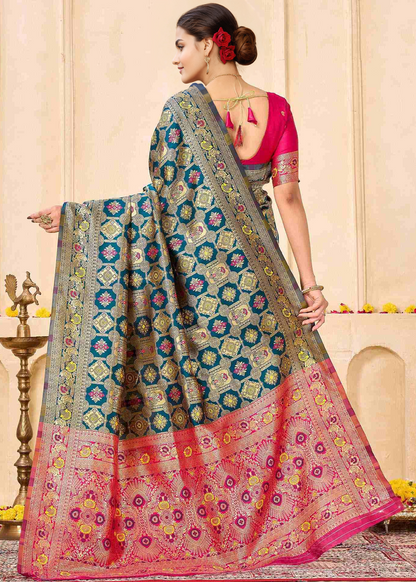 Graceful Morpich Blue Banarasi Silk Saree with Rani Pink Zari Pallu