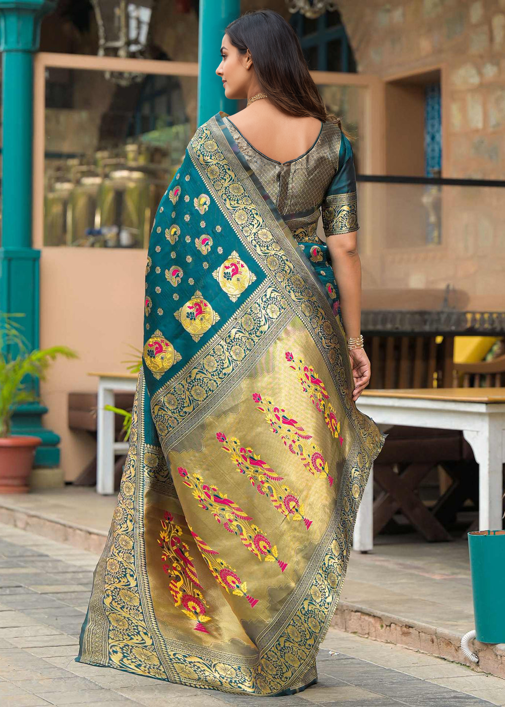 Regal Peacock Green Banarasi Silk Saree with Antique Gold Zari Work