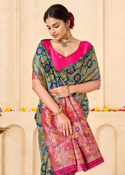 Graceful Morpich Blue Banarasi Silk Saree with Rani Pink Zari Pallu