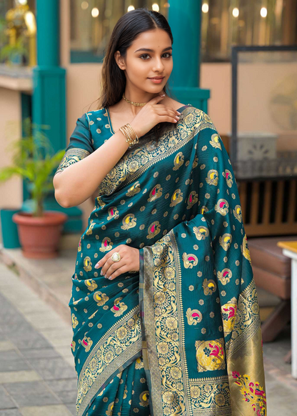 Regal Peacock Green Banarasi Silk Saree with Antique Gold Zari Work