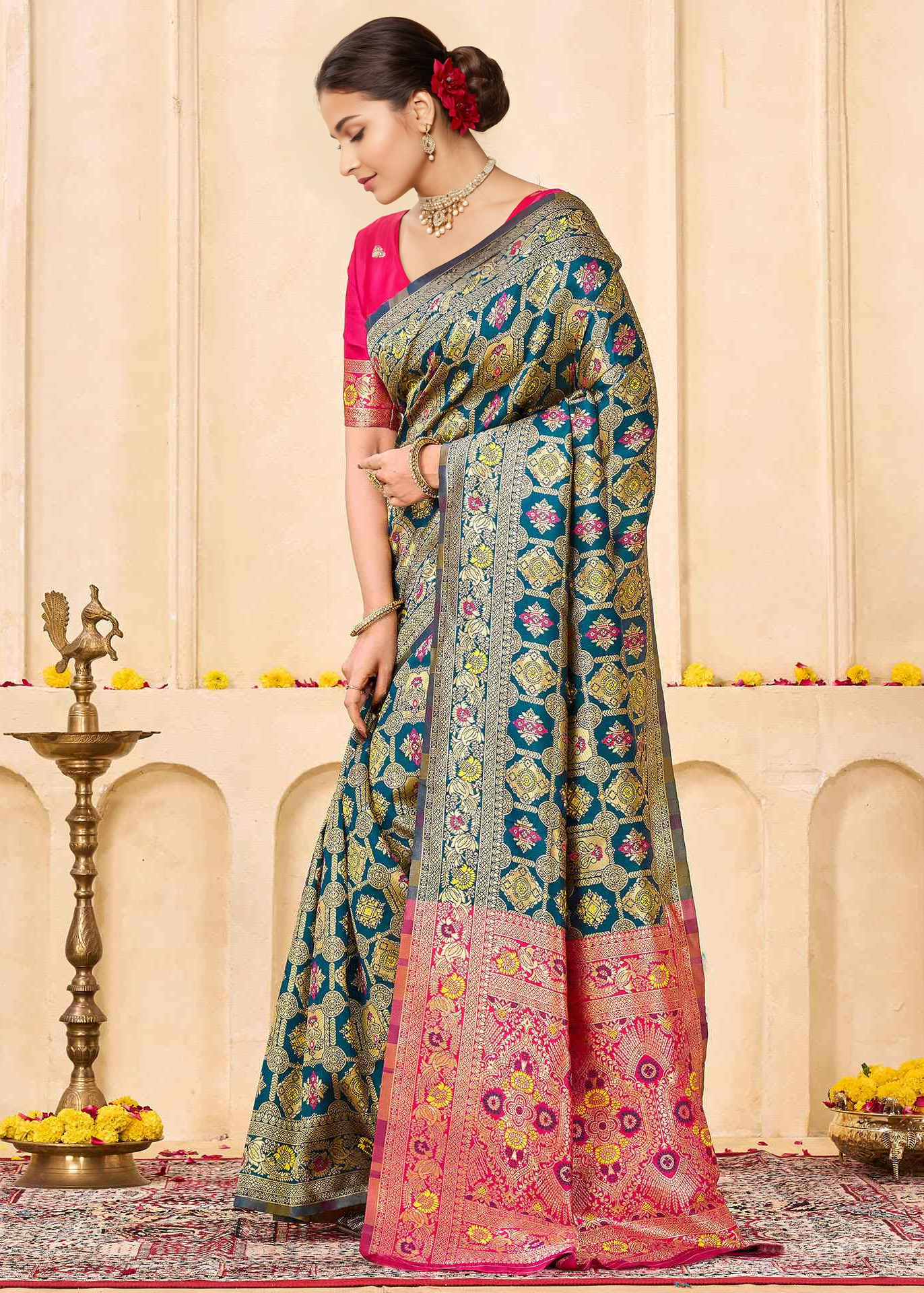 Graceful Morpich Blue Banarasi Silk Saree with Rani Pink Zari Pallu