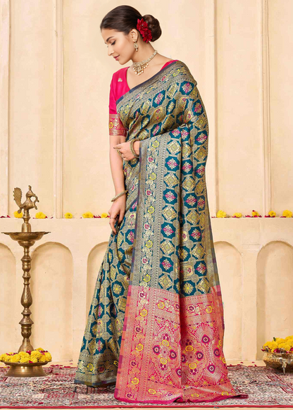 Graceful Morpich Blue Banarasi Silk Saree with Rani Pink Zari Pallu