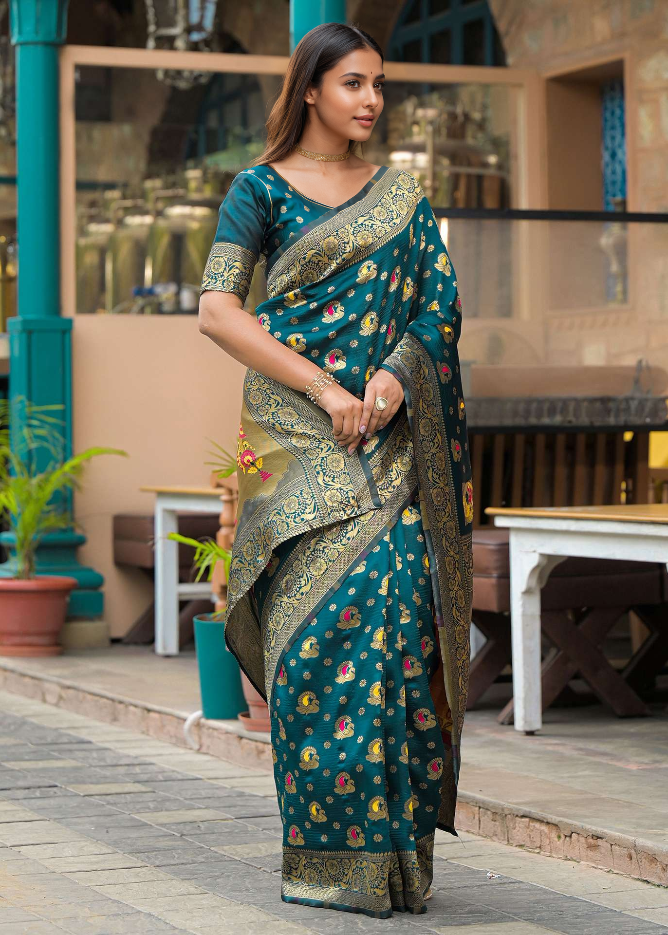 Regal Peacock Green Banarasi Silk Saree with Antique Gold Zari Work
