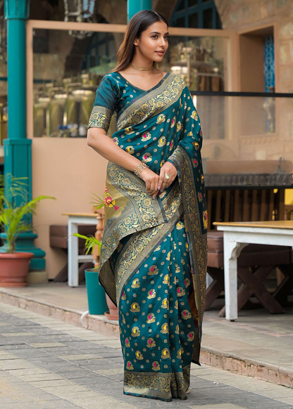 Regal Peacock Green Banarasi Silk Saree with Antique Gold Zari Work