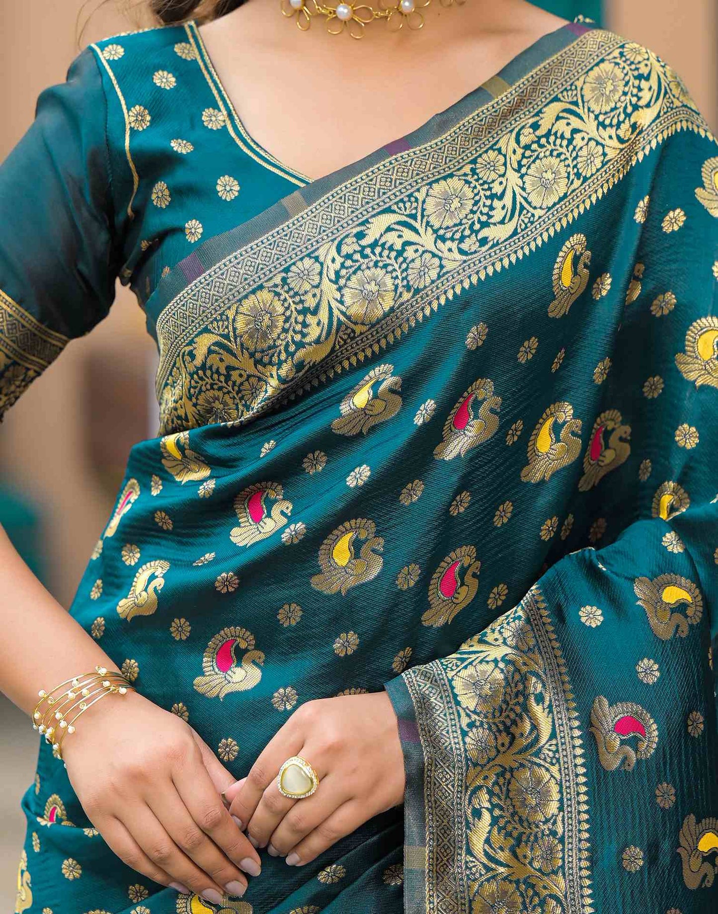 Regal Peacock Green Banarasi Silk Saree with Antique Gold Zari Work