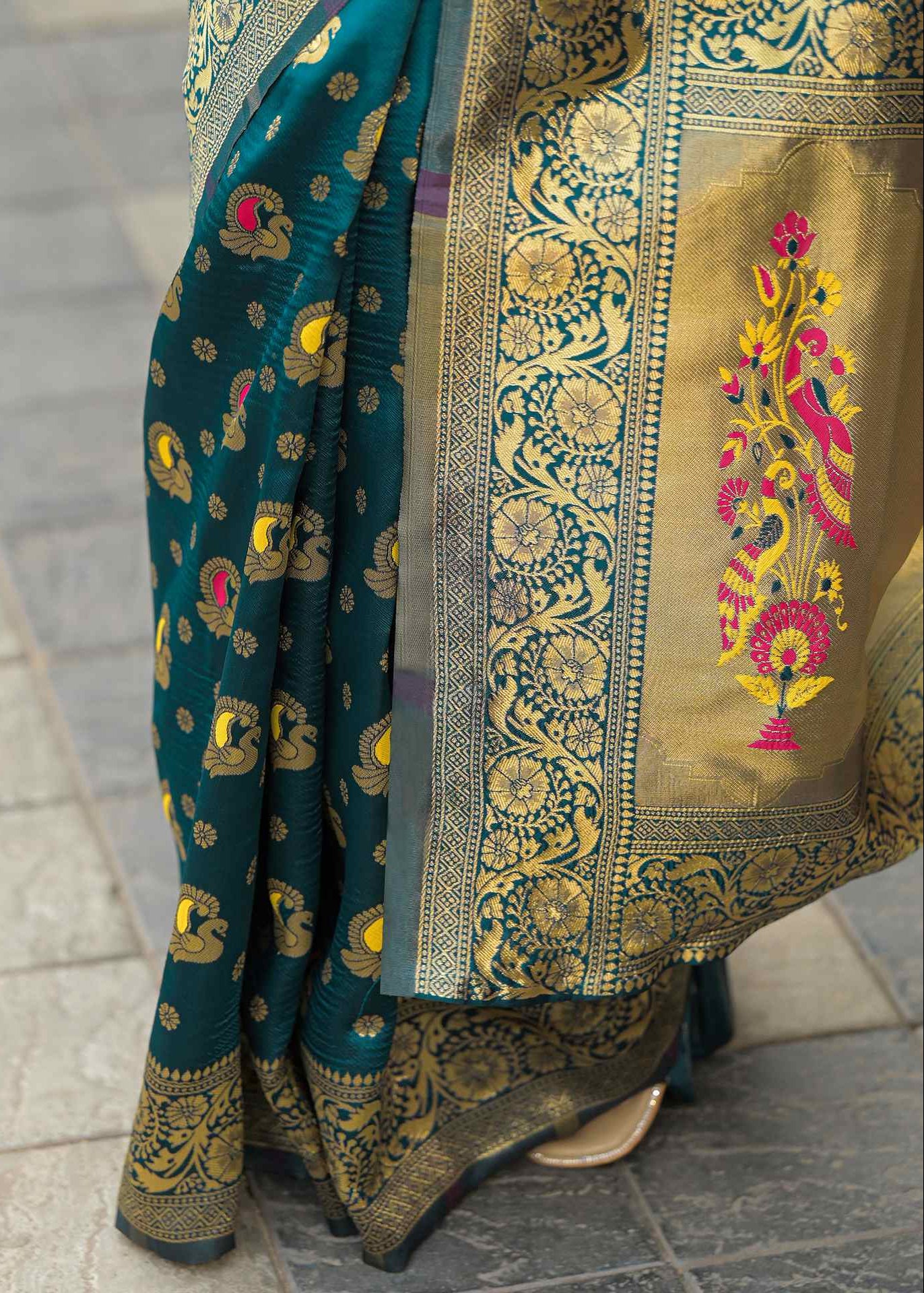 Regal Peacock Green Banarasi Silk Saree with Antique Gold Zari Work