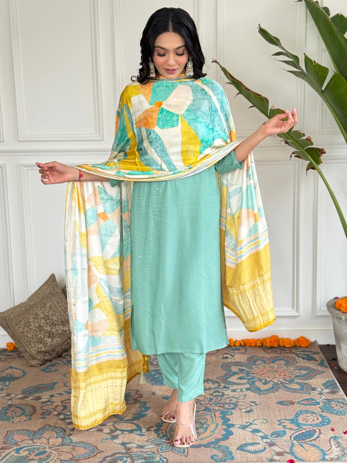 FIROJI VISCOSE EMBROIDERED KURTA PANT DUPATTA SET