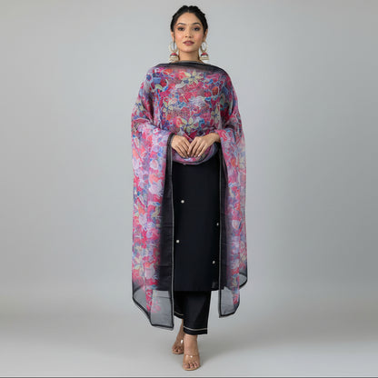 BLACK RAYON SLUB EMBROIDERED KURTA SET