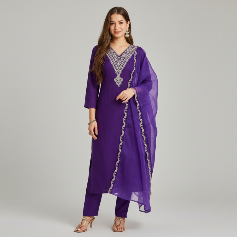 Royal Purple Embroidered Kurta Set
