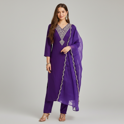 Royal Purple Embroidered Kurta Set