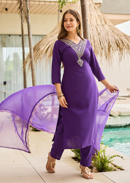 Royal Purple Embroidered Kurta Set