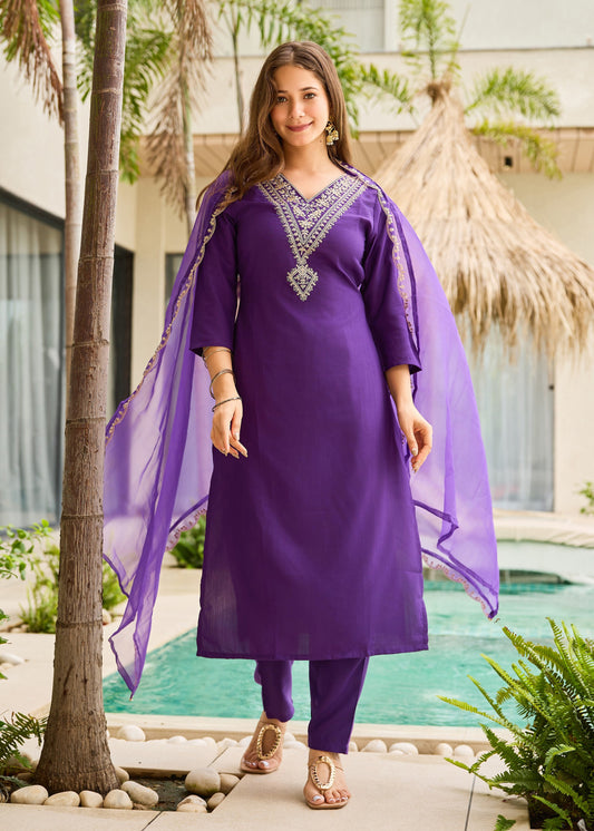 Royal Purple Embroidered Kurta Set