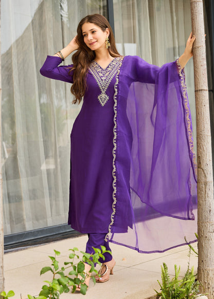 Royal Purple Embroidered Kurta Set