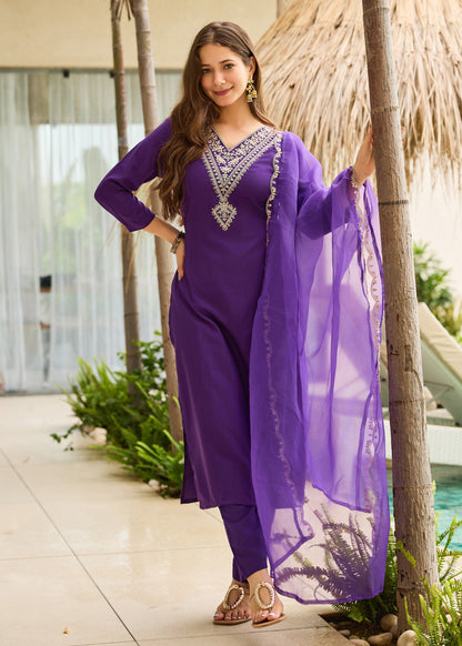 Royal Purple Embroidered Kurta Set