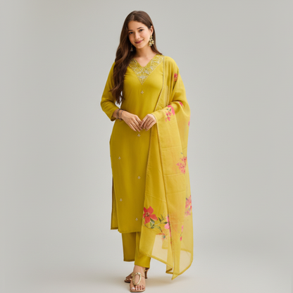 Lemon Yellow Embroidered Kurta Set
