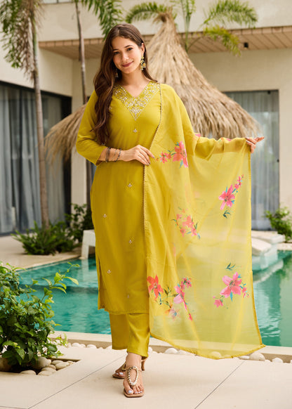 Lemon Yellow Embroidered Kurta Set
