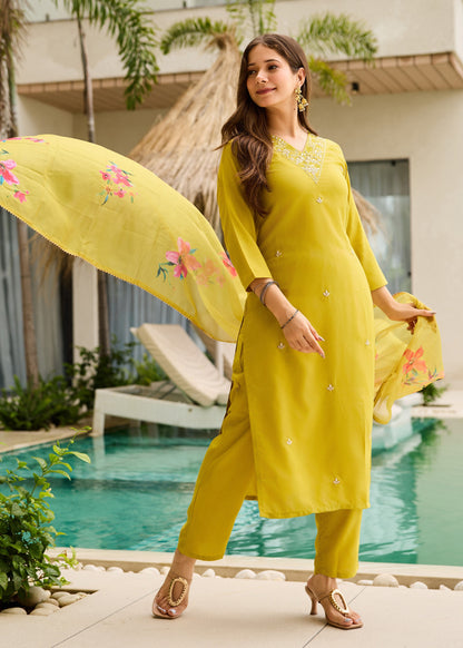 Lemon Yellow Embroidered Kurta Set