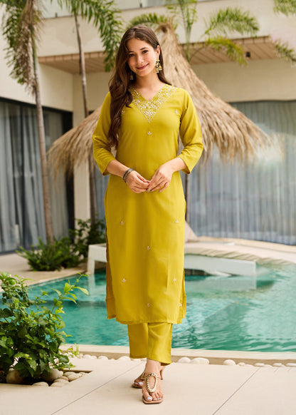 Lemon Yellow Embroidered Kurta Set