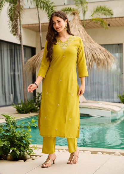 Lemon Yellow Embroidered Kurta Set