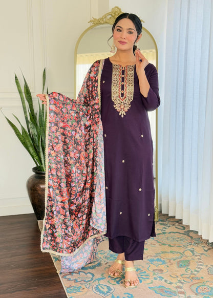 WINE RAYON EMBROIDERED KURTA PANT DUPATTA SET