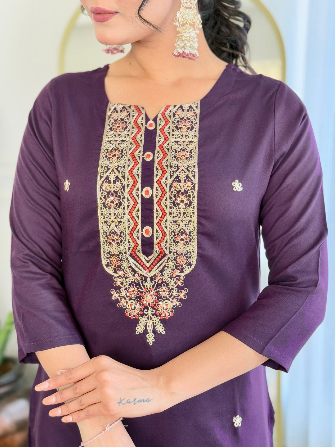 WINE RAYON EMBROIDERED KURTA PANT DUPATTA SET