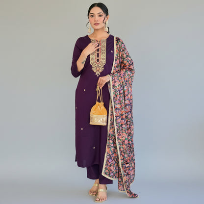 WINE RAYON EMBROIDERED KURTA PANT DUPATTA SET