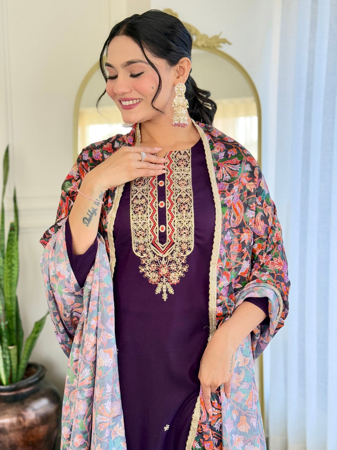 WINE RAYON EMBROIDERED KURTA PANT DUPATTA SET