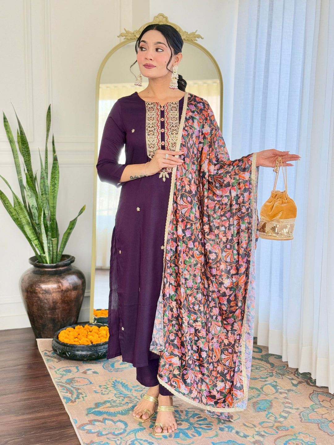 WINE RAYON EMBROIDERED KURTA PANT DUPATTA SET