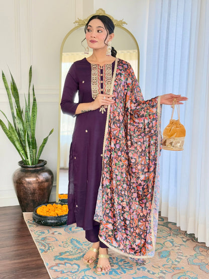 WINE RAYON EMBROIDERED KURTA PANT DUPATTA SET