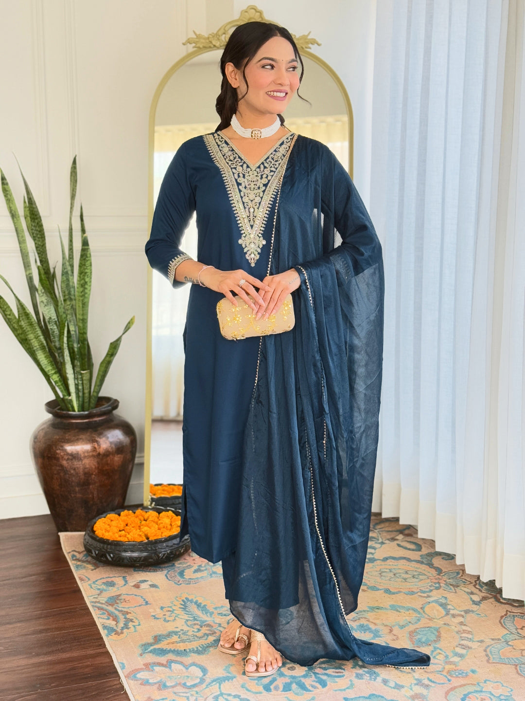 PETROL EMBROIDERED KURTA PANT SET WITH DUPATTA