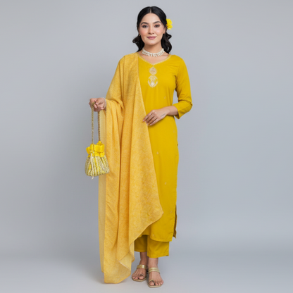 Mustard Yellow Embroidered Kurta Set