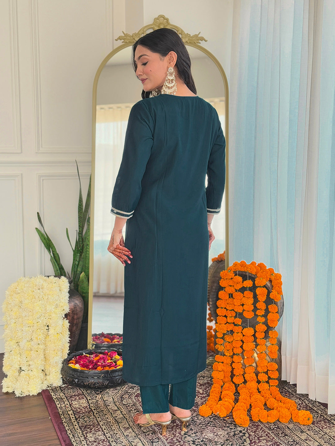 TEAL BSY VISCOSE EMBROIDERED KURTA PANT DUPATTA SET