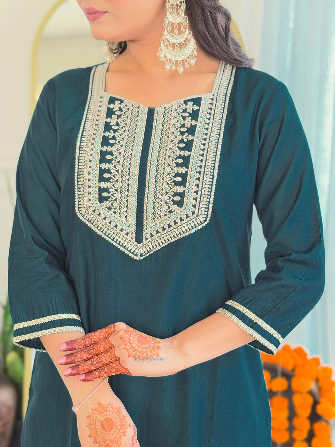TEAL BSY VISCOSE EMBROIDERED KURTA PANT DUPATTA SET