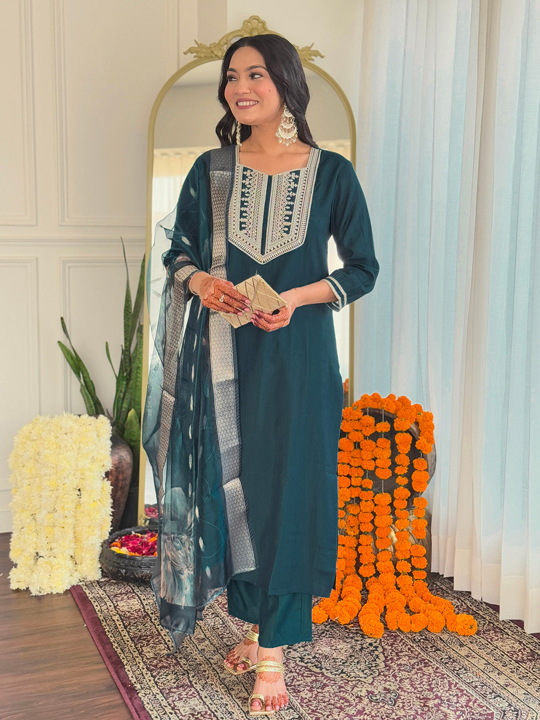 TEAL BSY VISCOSE EMBROIDERED KURTA PANT DUPATTA SET