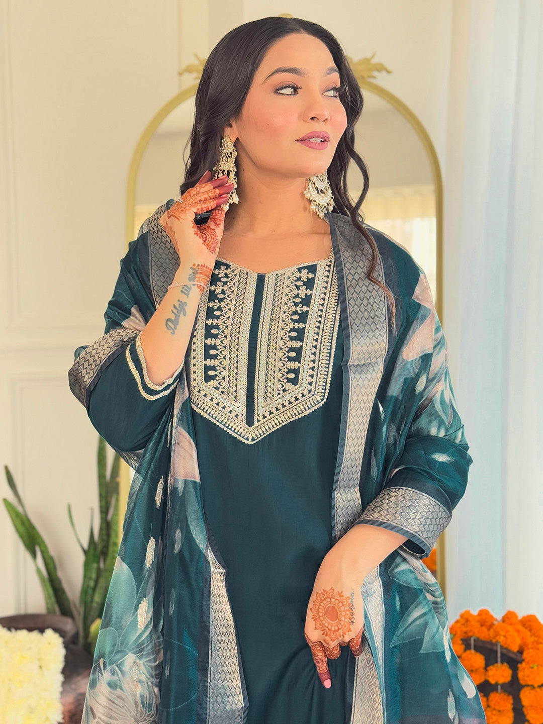 TEAL BSY VISCOSE EMBROIDERED KURTA PANT DUPATTA SET