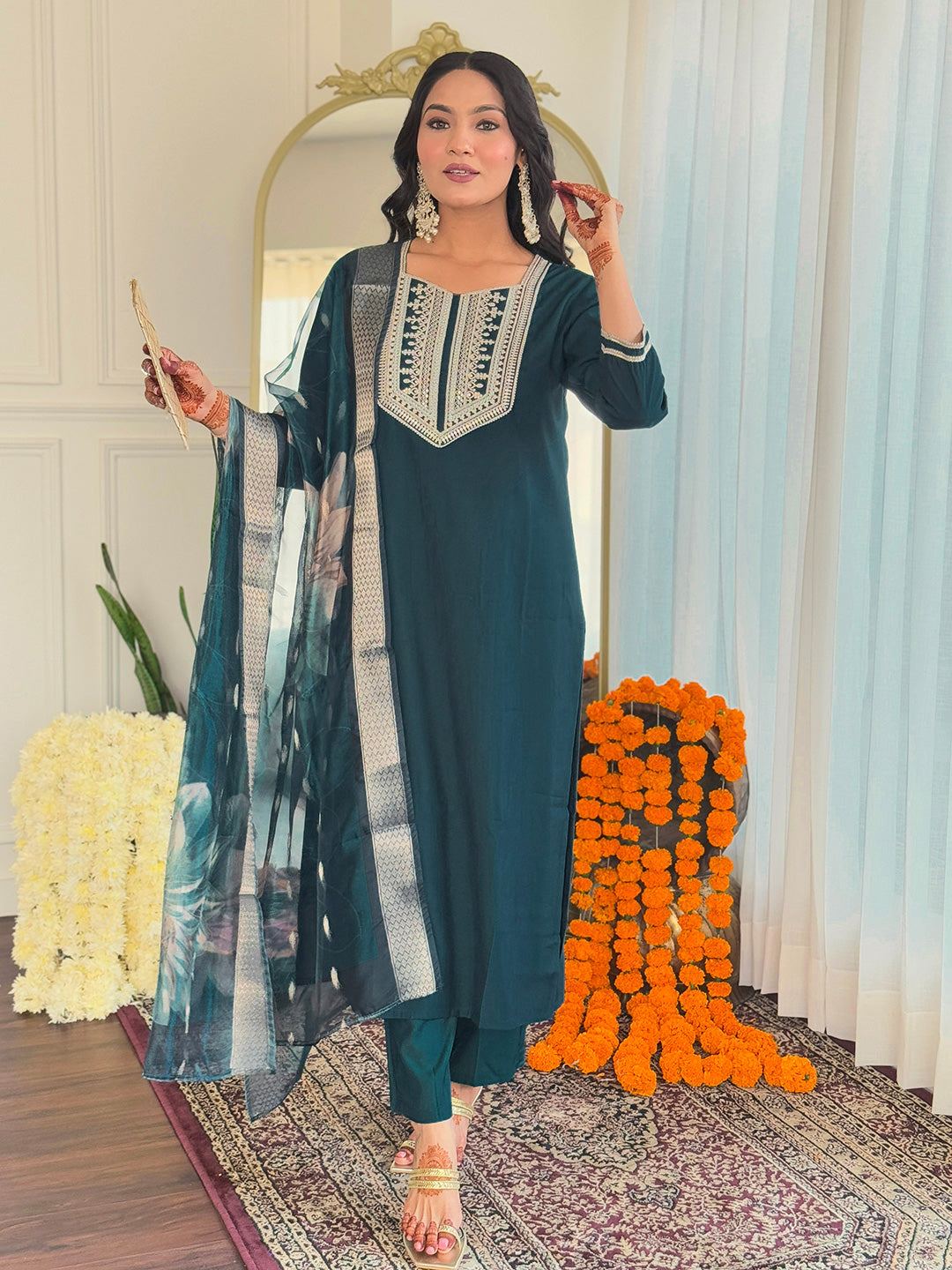 TEAL BSY VISCOSE EMBROIDERED KURTA PANT DUPATTA SET