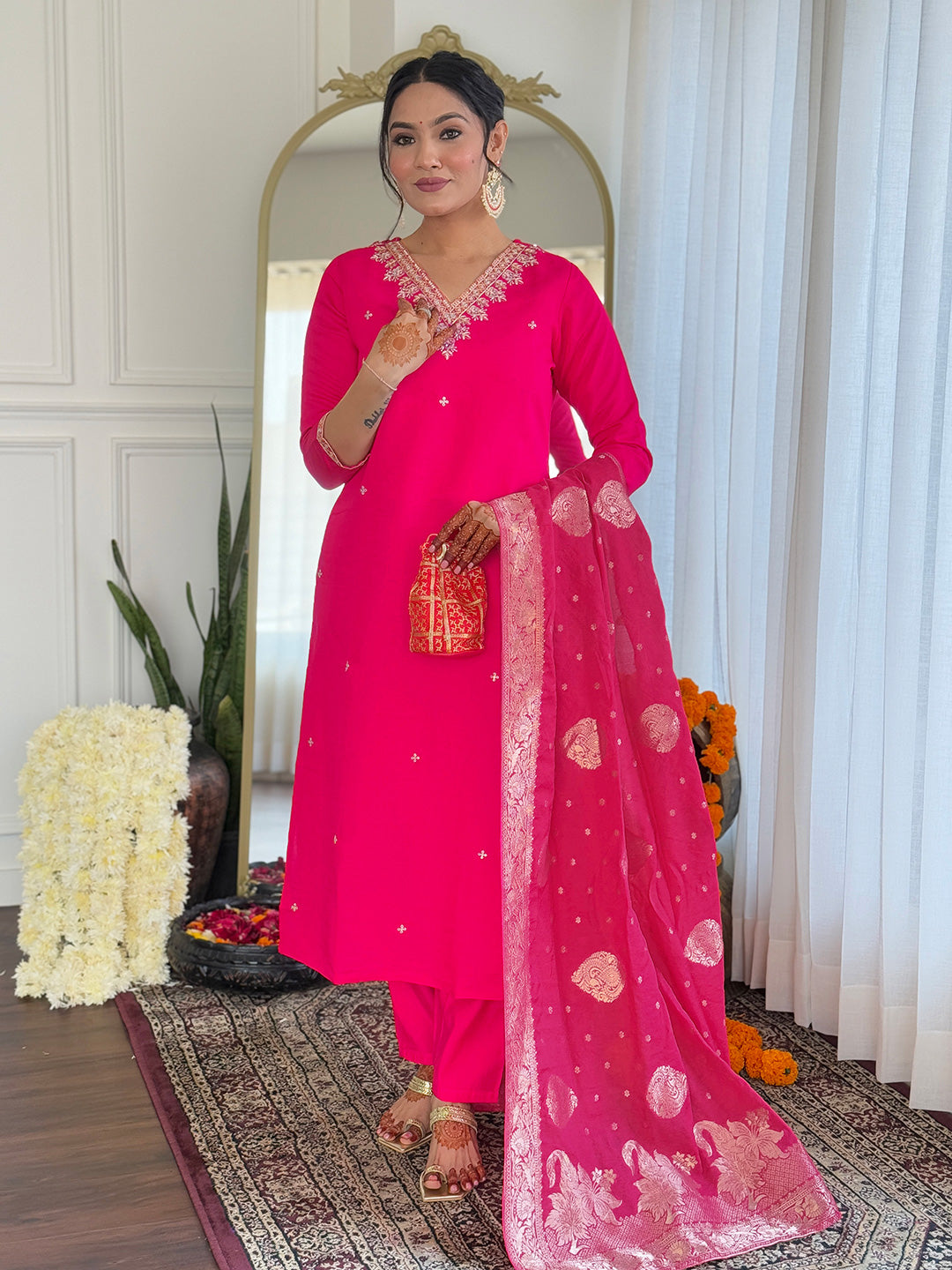 RANI VISCOSE EMBROIDERED KURTA DUPATTA PANT SET