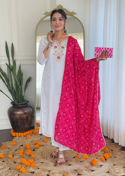 WHITE BSY VISCOSE EMBROIDERED KURTA PANT DUPATTA SET