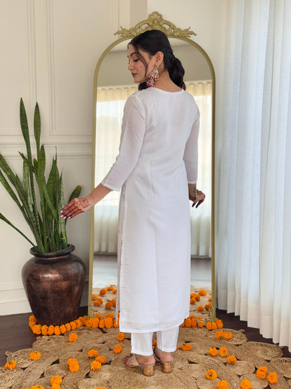 WHITE BSY VISCOSE EMBROIDERED KURTA PANT DUPATTA SET