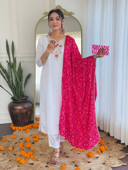 WHITE BSY VISCOSE EMBROIDERED KURTA PANT DUPATTA SET
