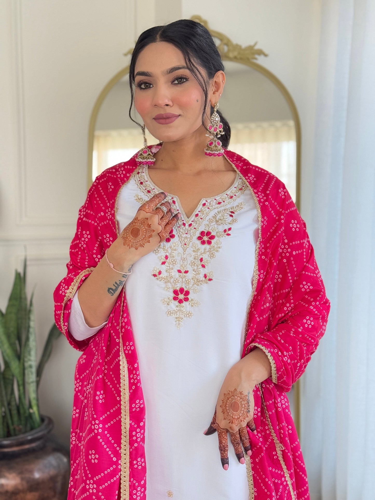 WHITE BSY VISCOSE EMBROIDERED KURTA PANT DUPATTA SET