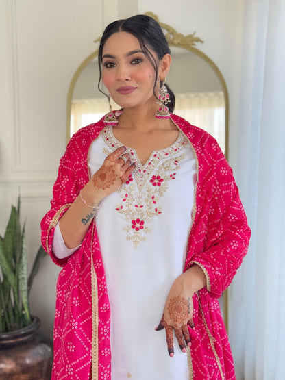 WHITE BSY VISCOSE EMBROIDERED KURTA PANT DUPATTA SET