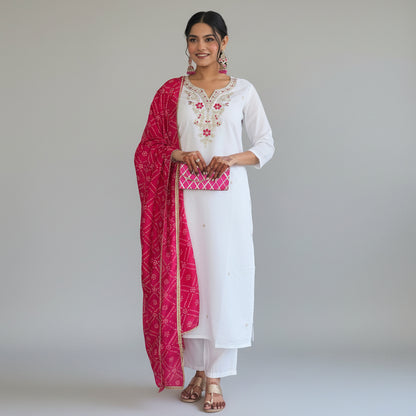 WHITE BSY VISCOSE EMBROIDERED KURTA PANT DUPATTA SET