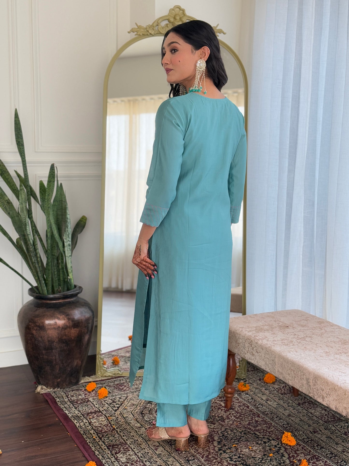SKY CHANDERI EMBROIDERED KURTA PANT DUPATTA SET