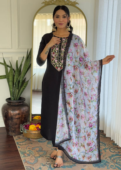 BLACK RAYON EMBROIDERED KURTA PANT DUPATTA SET